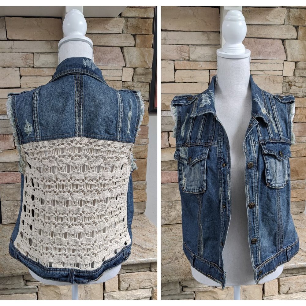 Free People Boho Denim & Crochet Vest SZ M